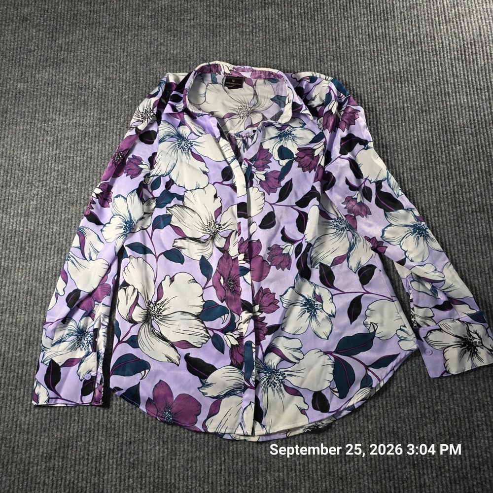 Worthington Womens Purple Floral Button Down Blouse Long Sleeve Size Medium